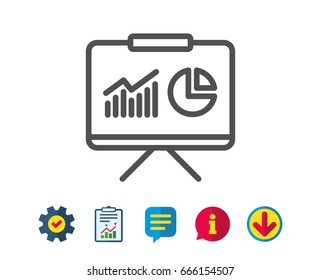 Presentation board line icon. Report chart or Sales growth sign. Analysis and Statistics data symbol. Report, Service and Information line signs. Download, Speech bubble icons. Editable stroke. Vector