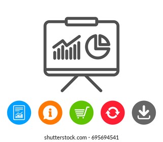 Presentation board line icon. Report chart or Sales growth sign. Analysis and Statistics data symbol. Report, Information and Refresh line signs. Shopping cart and Download icons. Editable stroke
