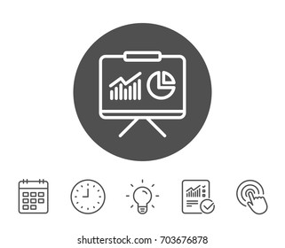 Presentation Board Line Icon. Report Chart Or Sales Growth Sign. Analysis And Statistics Data Symbol. Report, Clock And Calendar Line Signs. Light Bulb And Click Icons. Editable Stroke. Vector