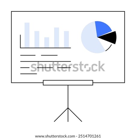 A presentation board on a tripod stand displays a bar graph, pie chart in blue, black, and grey, and text lines. Ideal for business reports, data visualization, educational materials, infographics