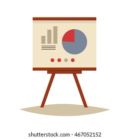 Presentation board with pie chart and infographic elements, sketch style vector illustration isolated on white background. Flip chart with pie graph, brainstorm, business presentation