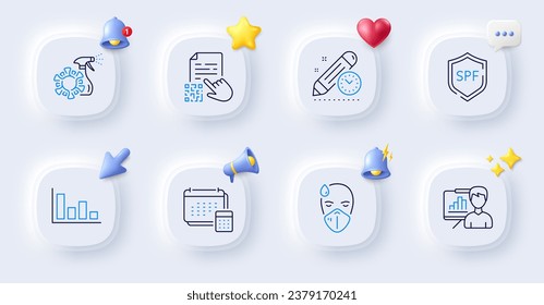 Presentation board, Project deadline and Coronavirus spray line icons. Buttons with 3d bell, chat speech, cursor. Pack of Qr code, Histogram, Account icon. Sick man, Spf protection pictogram. Vector