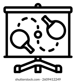 Presentation board with rackets and ball line icon, tennis game tactic concept. Vector graphics. Tripod stand racket ball sign on white background, style mobile or design
