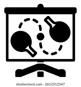 Presentation board with rackets and ball solid icon, tennis game tactic concept. Vector graphics. Tripod stand racket ball sign on white background, glyph style mobile or design