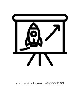 Präsentationstafel mit Raketenleitungs-Symbol, Start-up-Wachstum und Business-Launch-Symbol, einfacher Umriss-Stil auf weißem Hintergrund