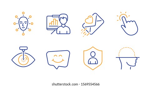 Presentation board, Security and Touchpoint line icons set. Face biometrics, Eye laser and Love letter signs. Smile chat, Face scanning symbols. Growth chart, Private protection. People set. Vector