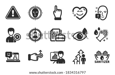 Presentation board, Smile chat and Headhunting icons simple set. Drag drop, Washing hands and Hand sanitizer signs. Support, Eye drops and Face attention symbols. Flat icons set. Vector