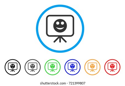 Presentation Board Smile rounded icon. Style is a flat presentation board smile grey symbol inside light blue circle with black, gray, green, blue, red, orange color versions.