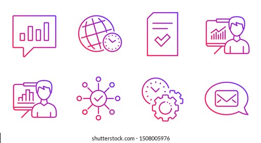 Presentation board, Survey check and Analytical chat line icons set. Time management, Checked file and Presentation signs. Time zone, Messenger symbols. Growth chart, Correct answer. Vector