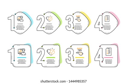 Presentation board, Tutorials and Medical pills icons simple set. Interview sign. Growth chart, Quick tips, Drugs. Checklist file. Science set. Infographic timeline. Line presentation board icon