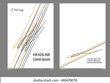Presentation, booklet, brochure or report cover page design, orange and black abstract lines isolated on white background. Vector illustration.