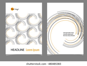 Presentation, booklet, brochure or report cover page design, orange and black abstract lines pattern isolated on white background. Vector illustration. 
