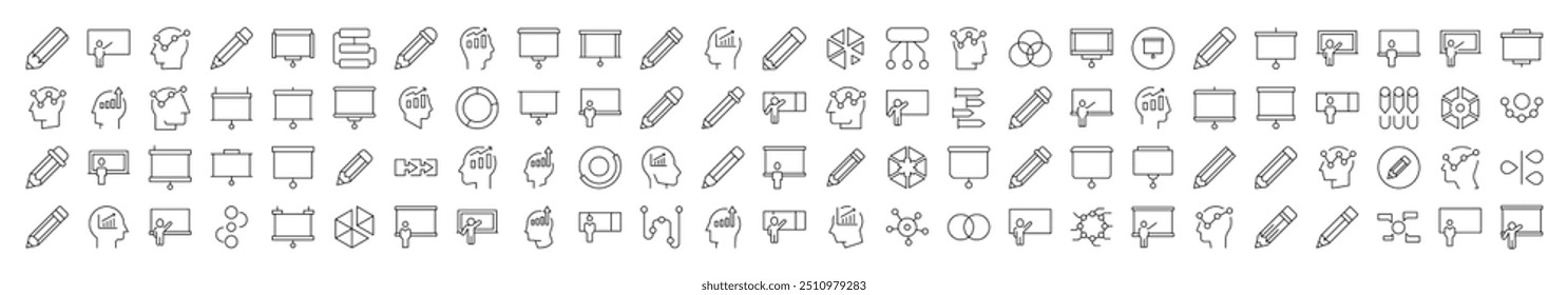 Presentation, Brainstorm, Pencil, Diagram Line Icon Collection. Editable Stroke. Minimalistic Linear Pictogram for Design of Cards, Apps, Banners, Posts