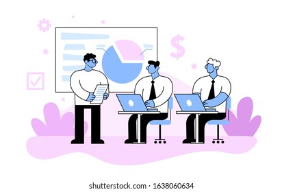 Presentation, brief meeting, . Business meeting, corporate training, business seminar. Business concept flat vector illustration, isolated on white background.