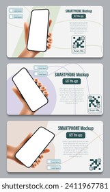 Folletos de presentación para una aplicación móvil en un smartphone. Con las manos tipo caricatura sosteniendo un teléfono con una pantalla vacía y una descripción junto con un código QR redirigiendo para descargar.