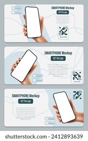 Folletos de presentación para una aplicación móvil en un smartphone. Con las manos tipo caricatura sosteniendo un teléfono con una pantalla vacía y una descripción junto con un código QR redirigiendo para descargar.