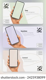 Folletos de presentación para una aplicación móvil en un smartphone en tonos pastel. Manos sosteniendo un teléfono con una pantalla vacía y una descripción junto con un código QR redirigiendo para descargar.