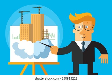 Presentation of building project. Business flat vector illustration