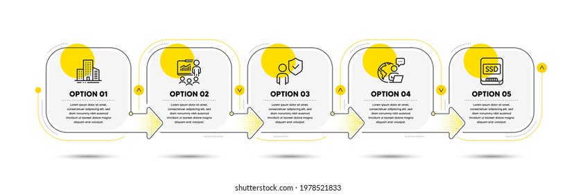 Presentation, Buildings and Security line icons set. Timeline process flowchart. Ssd sign. Business conference, City architecture, Body guard. Memory disk. Business set. Vector