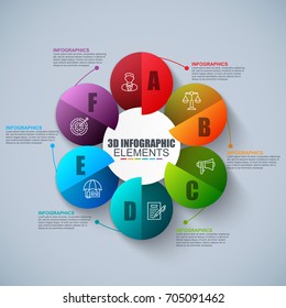 Presentation business 3d infographics vector design template. Can be used for steps, concept with 6 options, parts or processes, workflow, graph, diagram, chart, marketing icons, info graphics.