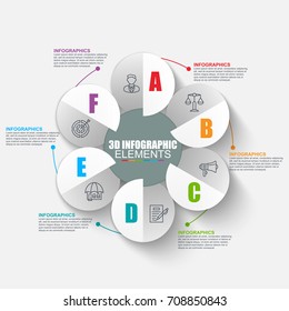 Presentation business 3d infographics vector design template. Can be used for steps, concept with 6 options, parts or processes, workflow, graph, diagram, chart, marketing icons, info graphics.