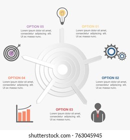 Presentation business 3d infographics vector design template. Can be used for steps, concept with 5 options, parts or processes, workflow, graph, diagram, chart, marketing icons, info graphics.