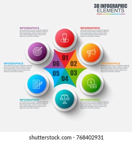 Presentation business 3d infographics vector design template. Can be used for steps, concept with 6 options, parts or processes, workflow, graph, diagram, chart, marketing icons, info graphics.