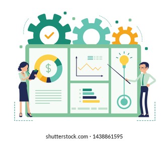 Presentation for business. Businessman and businesswoman giving corporate or marketing information, demonstrating, showing company results, plan. Vector abstract illustration with faceless character