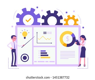 Presentation for business. Businessman and businesswoman giving corporate or marketing information, demonstrating, showing company results, plan. Vector abstract illustration with faceless character