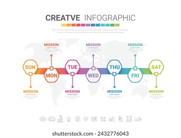 Concepto de negocio de la presentación con 7 pasos, negocio de la línea de tiempo para 7 días por semana, se puede utilizar para el diseño del flujo de trabajo, diagrama, opciones de los pasos del negocio, banner, diseño web. Vector eps 10.