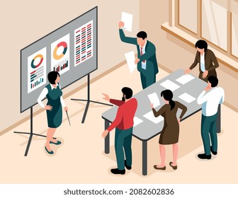Presentation of business concept horizontal background with employees participated in discussion with lector isometric vector illustration