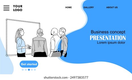 Presentation business concept landing page. Website template with business team meeting. Flat graphic outline vector illustration in blue and black colors.