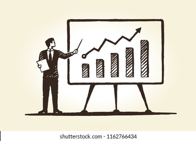 Presentation, business concept sketch. A businessman shows a pointer on a board on which a graph of growth is depicted. Vector hand drawn illustration.