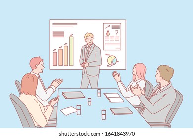 Presentation, business, congratulation, hiring concept. Young businessman shows presentation about company profit growth, graph to investors. Business people congratulate their colleague with hiring