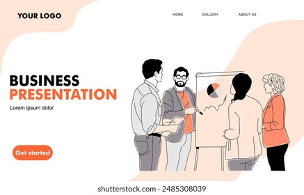 Presentation, business couching concept landing page. Website template with business team members, men and women working together. Flat graphic outline vector illustration in peach and black colors.