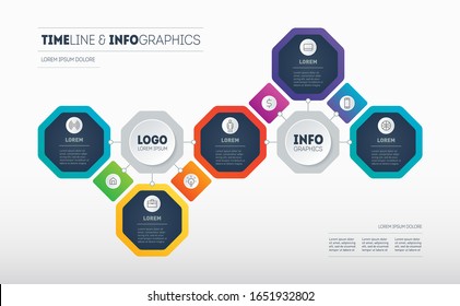 Presentación del desarrollo de negocios con 5 opciones y 9 iconos. Infografía de octagones. Gráfica Vector Info de tecnología o proceso educativo con cinco partes. Plantilla de escala de tiempo.