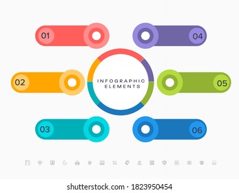 Presentación Elementos infográficos empresariales con seis opciones coloridas sobre fondo blanco.