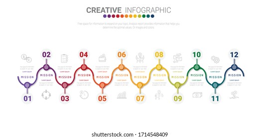 Presentation business infographic template for 12 months, 1 year, can be used for Business concept with 12 options, steps or processes.