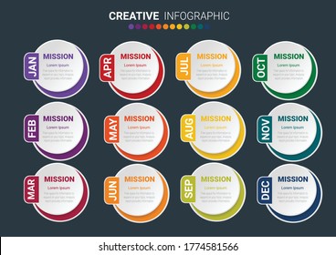 Presentation business infographic template for 12 months, 1 year, can be used for Business concept with 12 options, steps or processes.