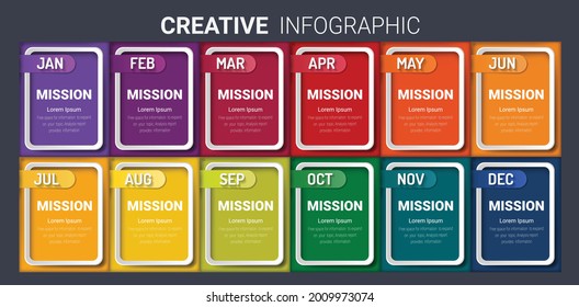 Presentation business infographic template for 12 months, 1 year, can be used for Business concept with 12 options, steps or processes.