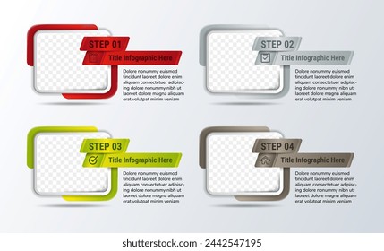 Plantilla de infografía de negocios de presentación con 4 opciones, pasos y marcos de fotos. Se puede utilizar para el diseño del flujo de trabajo, diagrama, opciones de pasos de negocio, banner, diseño web. Ilustración vectorial.