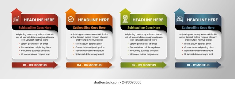 Presentation business infographic template with 4 options, up arrow for icon place. risk management infographic concept for slide presentation with rectangle arrow on bottom side with 4 point list