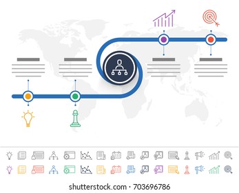 Presentación plantilla de infografía de negocios con 4 pasos y coloridos iconos.