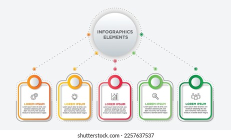 Presentación de la plantilla de infografía del negocio con 5 opciones. Para contenido, diagrama, diagrama de flujo, pasos, partes, infografía de línea de tiempo, flujo de trabajo, gráfico.