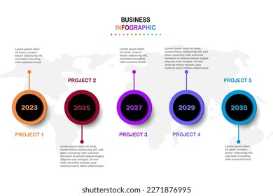 Presentación de plantilla de infografía de negocios con 5 opciones en el mapa. Ilustración vectorial.