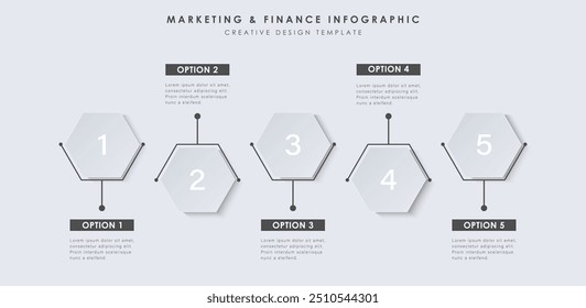 Presentation business infographic template with 5 options. Hexagonal blocks for text. Minimalistic design template