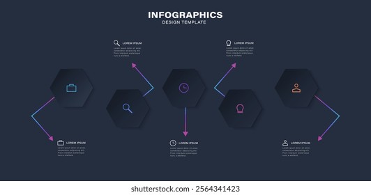 Presentation business infographic template with 5 options. Hexagonal blocks for text. Minimalistic deep blue design template