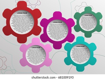 Presentation business infographic template with 5 options steps. 5 gears caption caption flat banner topic rubric high quality lines space red modern icons element cartoon style vector web data cogs