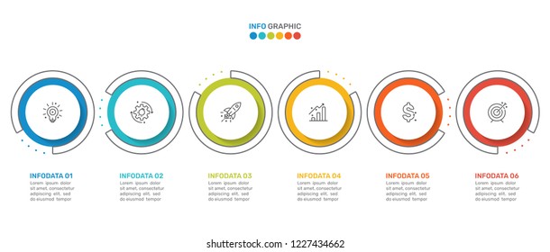 Presentation business infographic template with 6 options, linear, marketing icons. Vector illustration. Can be used for workflow layout, diagram, annual report, chart, web design. 