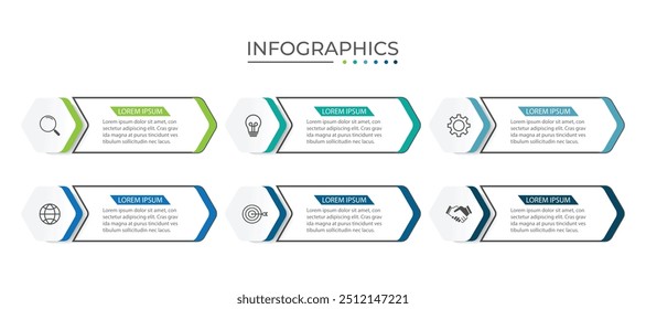 Modelo de infográfico de negócios de apresentação com 6 opções. Ilustração vetorial.